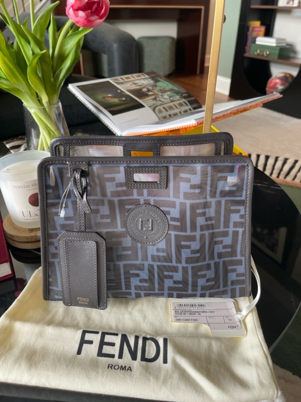 Fendi Peekaboo Defender Cover FF Mesh Azzurro Ebano 7AR717 with Dust Bag & Tag